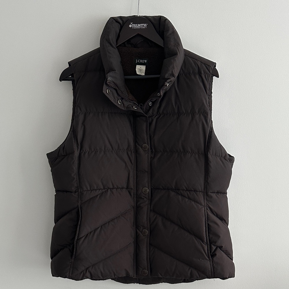EUC J. Crew Women's Dark Brown Quilted Vest / Sherpa Fleece Lining / Size XL